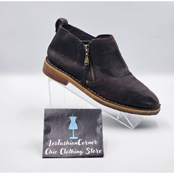 UGG Women's Dark Brown Leather Clementine Shearling Leather Ankle Boot Sz 7 2953 - Picture 14 of 16